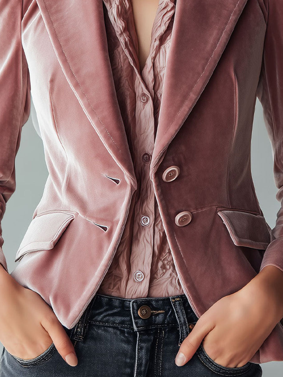 Retro Chic Softness Dusty Pink Velvet Tailored Blazer
