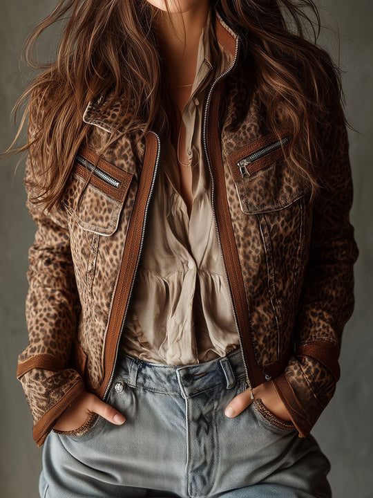 Western Utility Leopard Print Microsuede Jacket