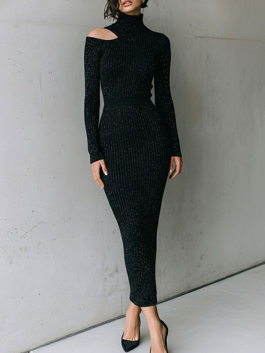 Quiet Lurex Black Glitter Ribbed Knit Dress With Asymmetric Shoulder Cutout