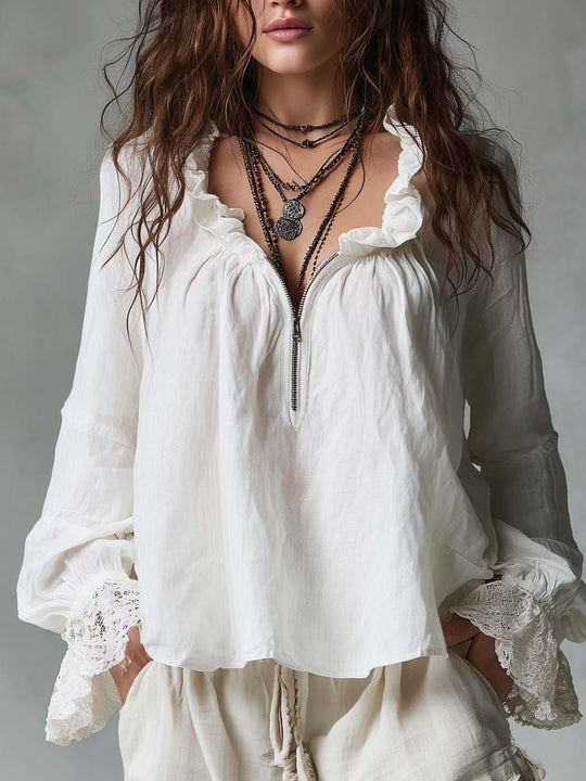 Vintage Zippered Pleated Neck Ruffle Cuffs Blouse
