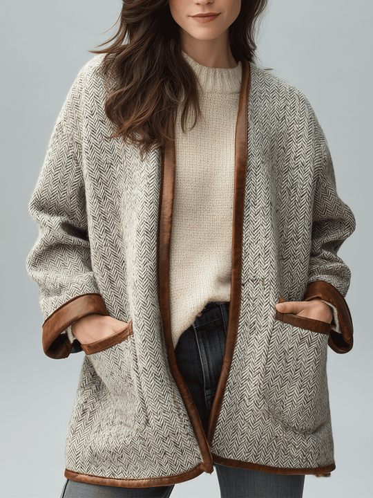 Relaxed Cozy Textured Wool-Blend Leather Trim Jacket