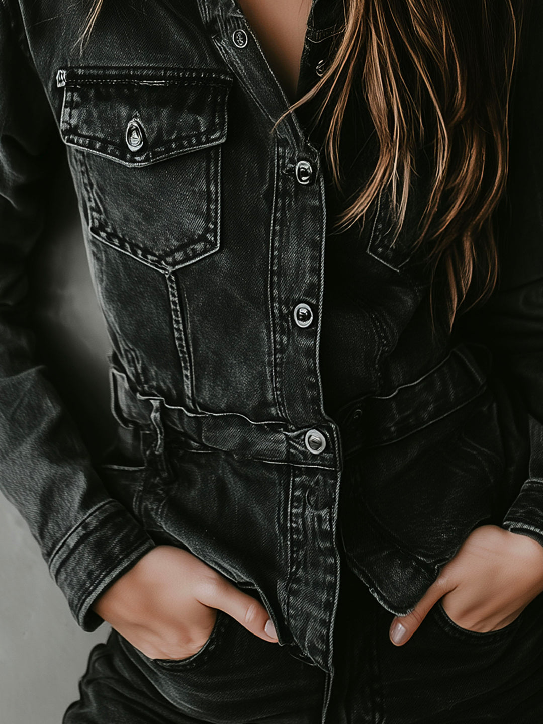Retro Washed Black Denim Utility Jacket