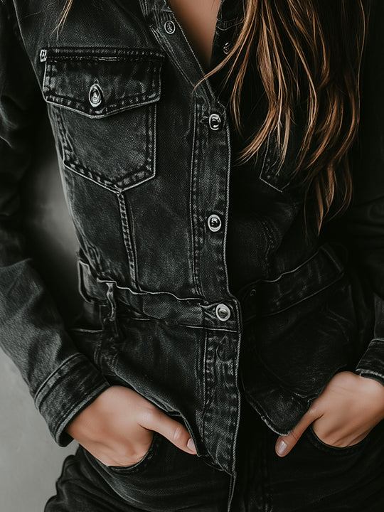 Retro Washed Black Denim Utility Jacket