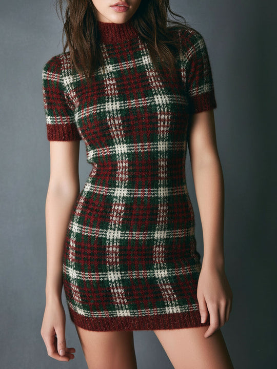 Vintage Burgundy And Forest Green Check Pattern Knit Mini Dress