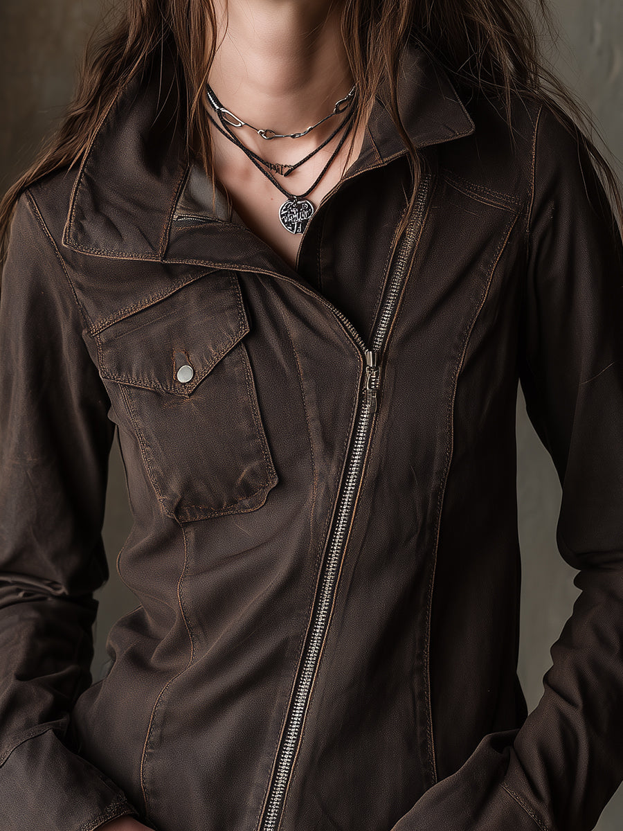 Bohemian Washed Denim Diagonal Placket Jacket