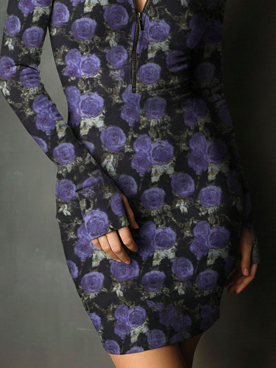 Bold Elegance Purple Violet Floral Zip-Neck Mini Dress