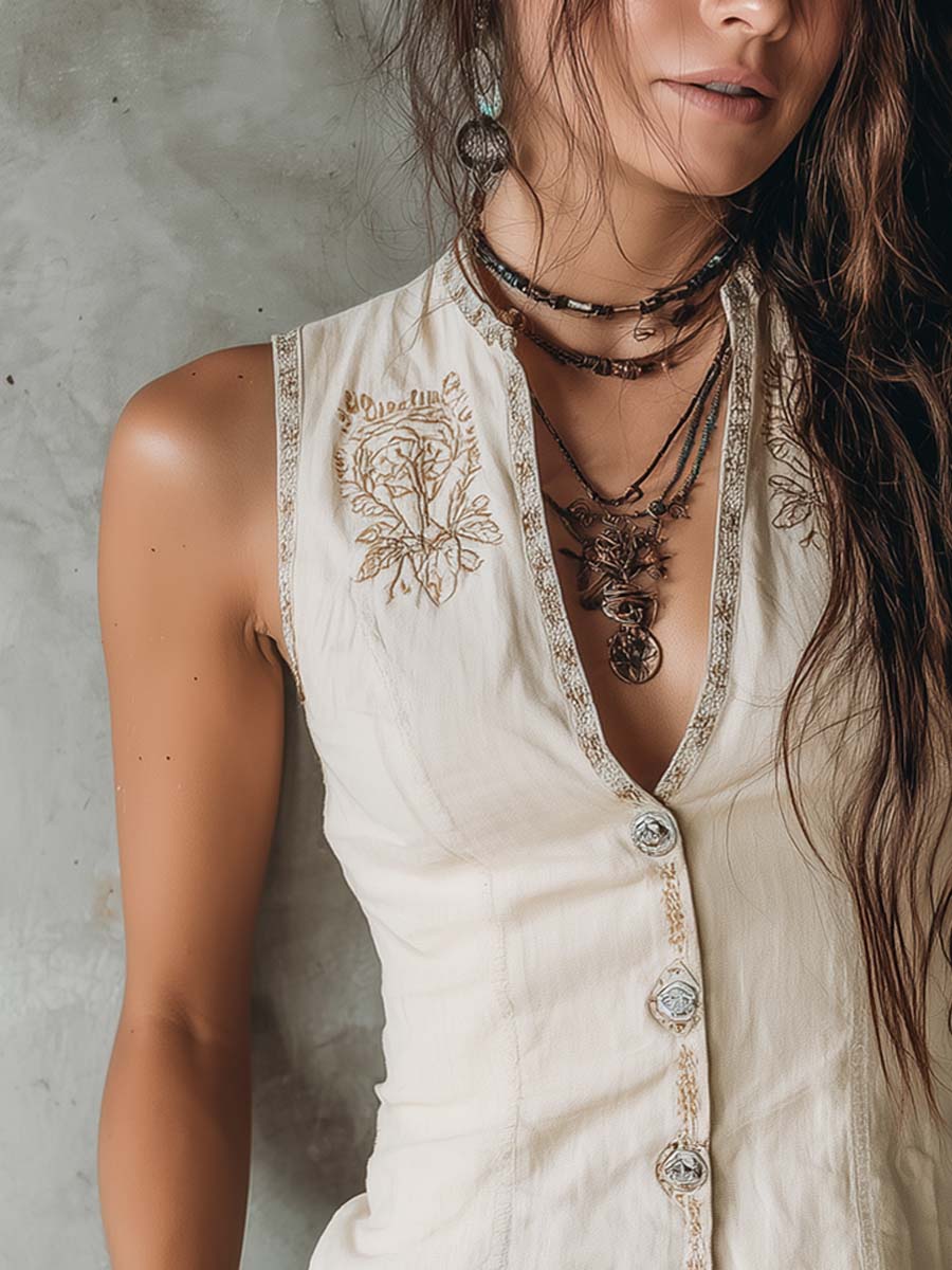 Retro Embroidered Trim Cotton Linen Vest