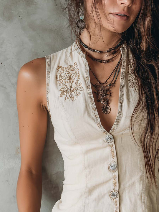 Retro Embroidered Trim Cotton Linen Vest