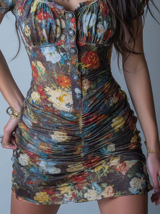 Retro Oil Painting Print Ruched Mini Dress