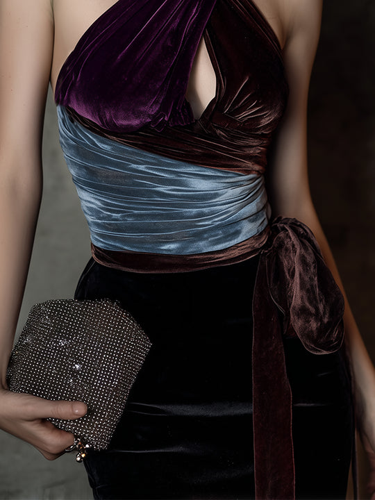 Elegant Party Velvet Patchwork Halter Neck Tank Top With Keyhole Detail.