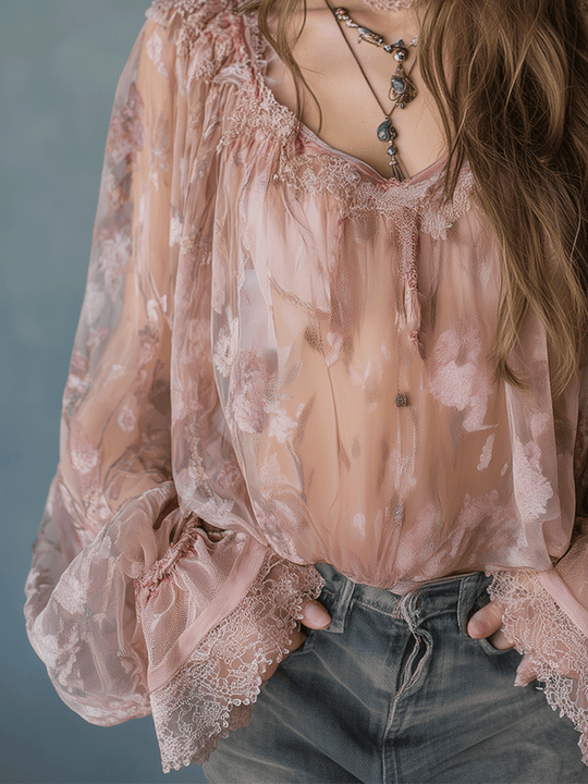 Romantic Pink Boho Sheer Floral Lace Blouse