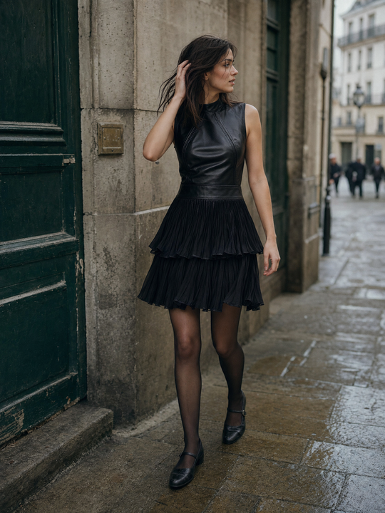 Chic Black Eco Leather & Pleated Chiffon Tiered Skirt Mini Dress