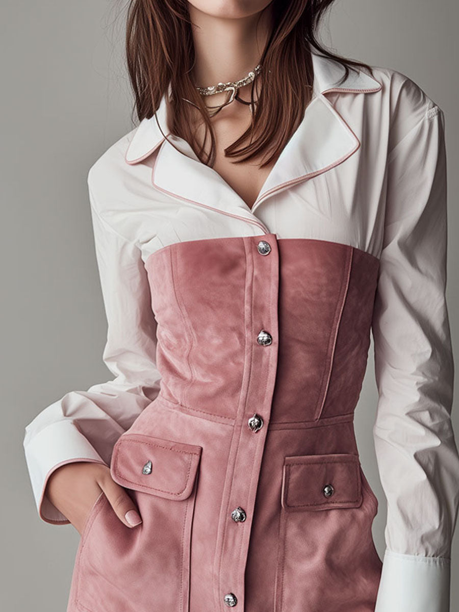 White Shirt Patchwork Blush Suede Corset Mini Dress With Pockets