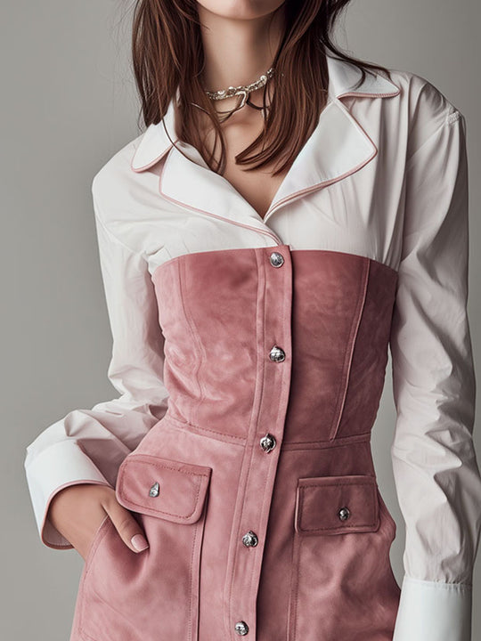 White Shirt Patchwork Blush Suede Corset Mini Dress With Pockets