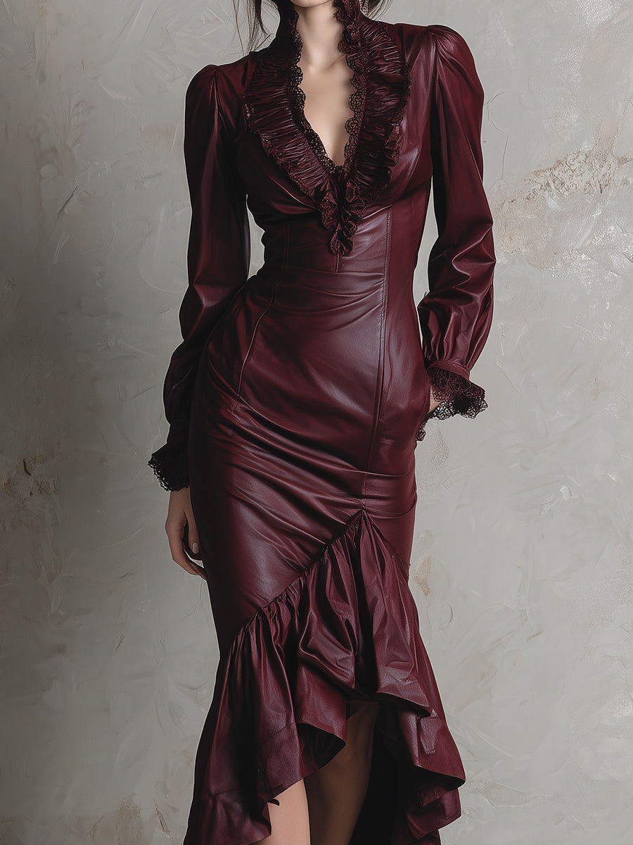 Chic Lace Ruffle High-low Fishtail Hem Eco-friendly Pu Midi Dress