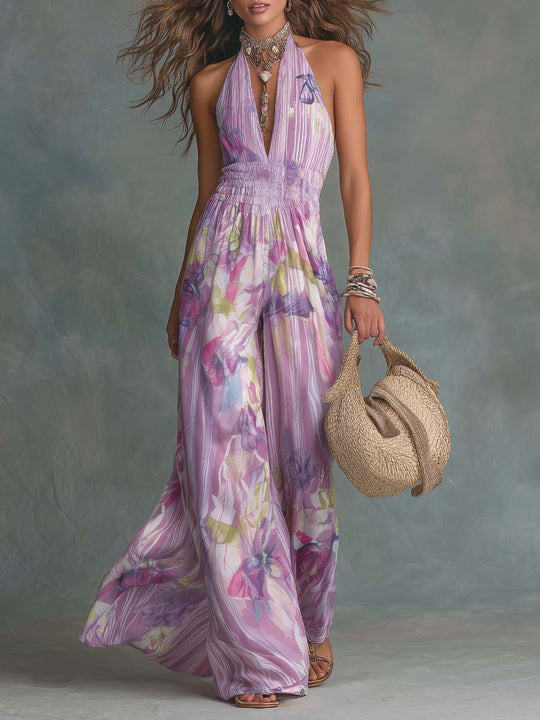 Bohemian Lilac Floral Halter Wide-Leg Jumpsuit