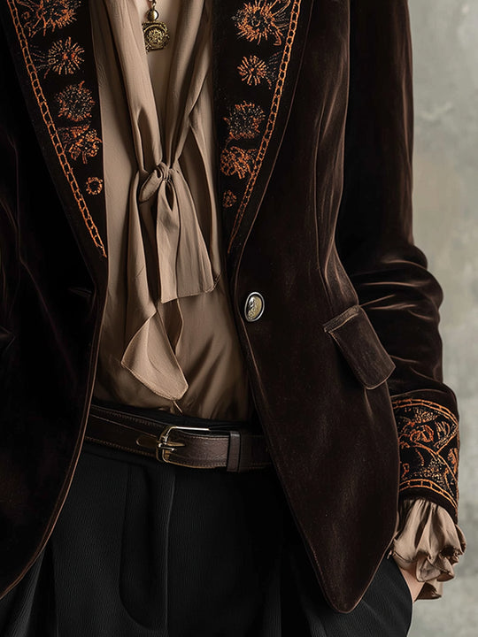 Quiet Luxury Polyester Velvet Embroidery Blazer
