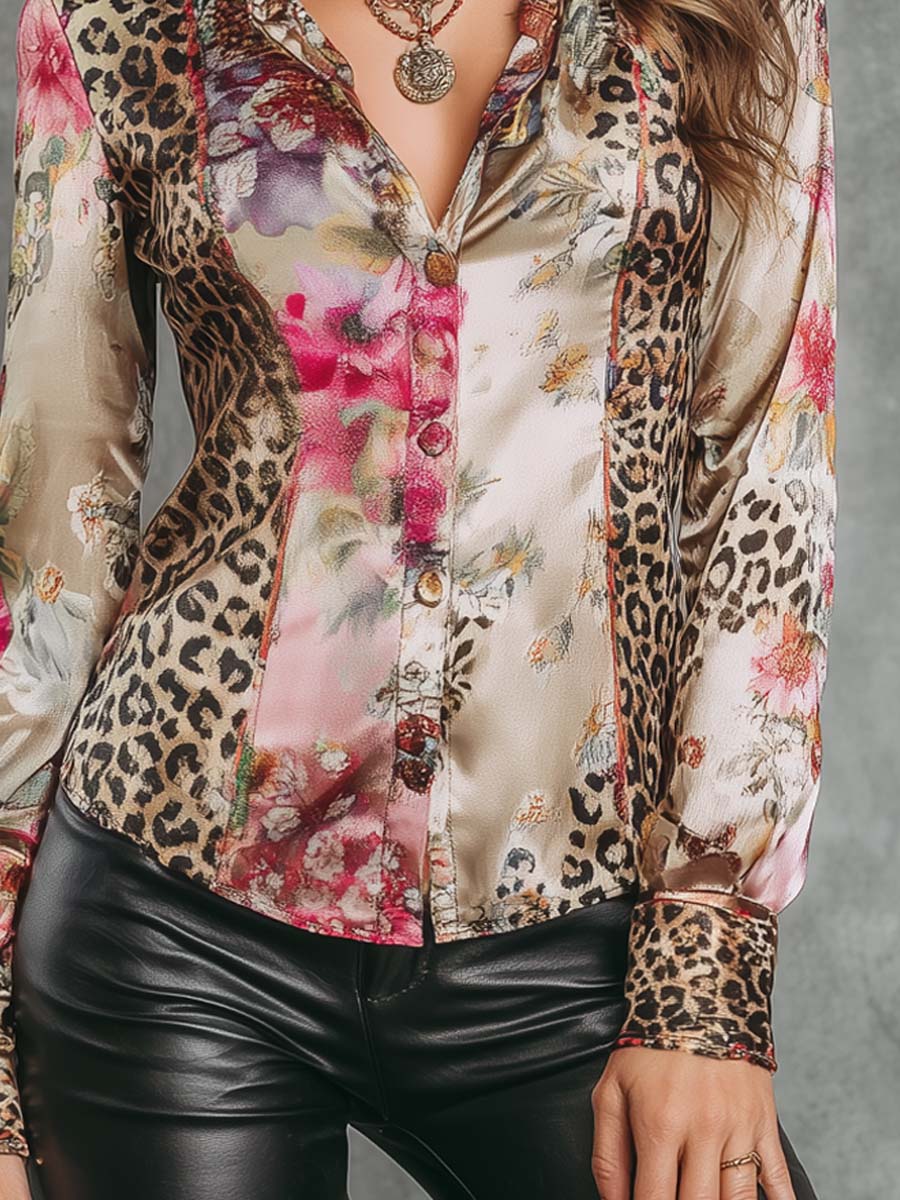 Retro Leopard Print Floral Polyester Satin Blouse