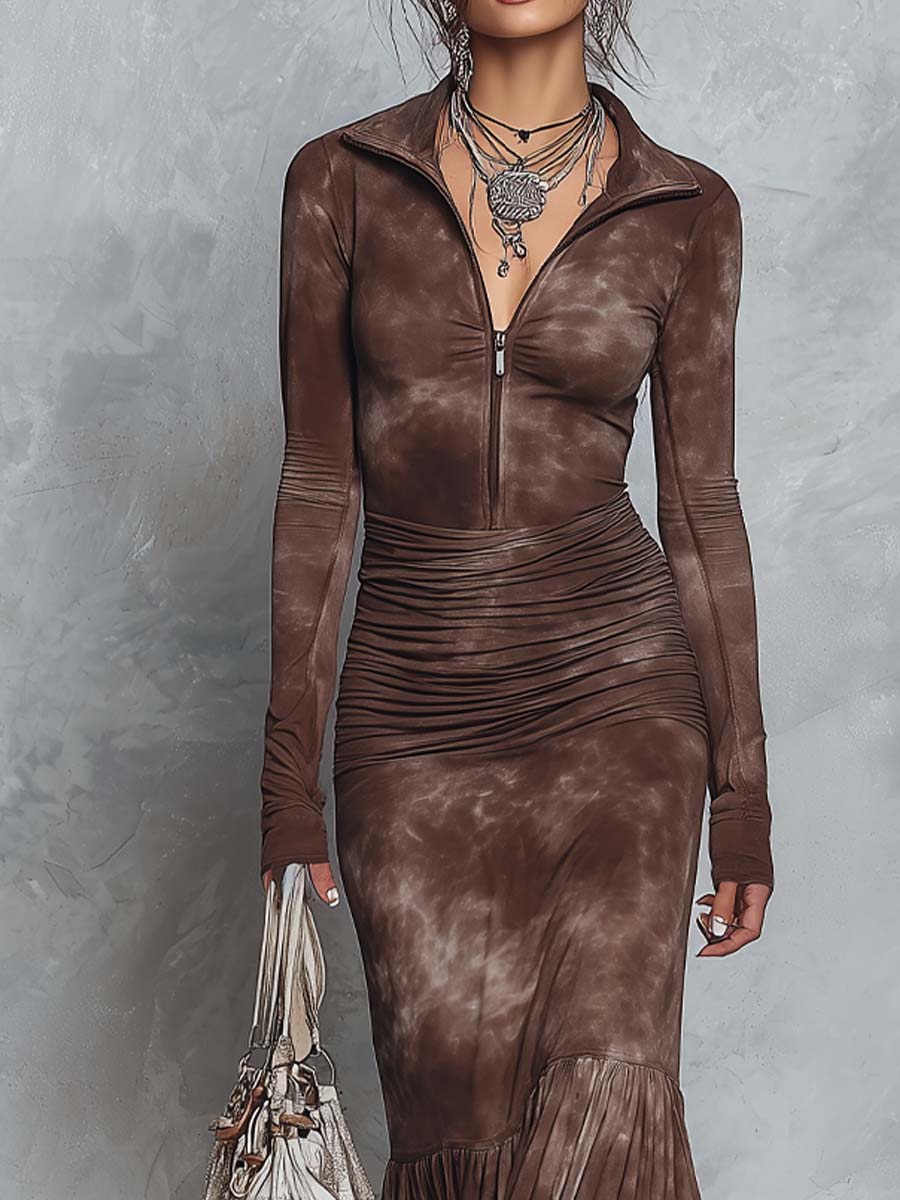 Vintage-style Distressed Zipper Collar Pleated Waist Maxi Dress