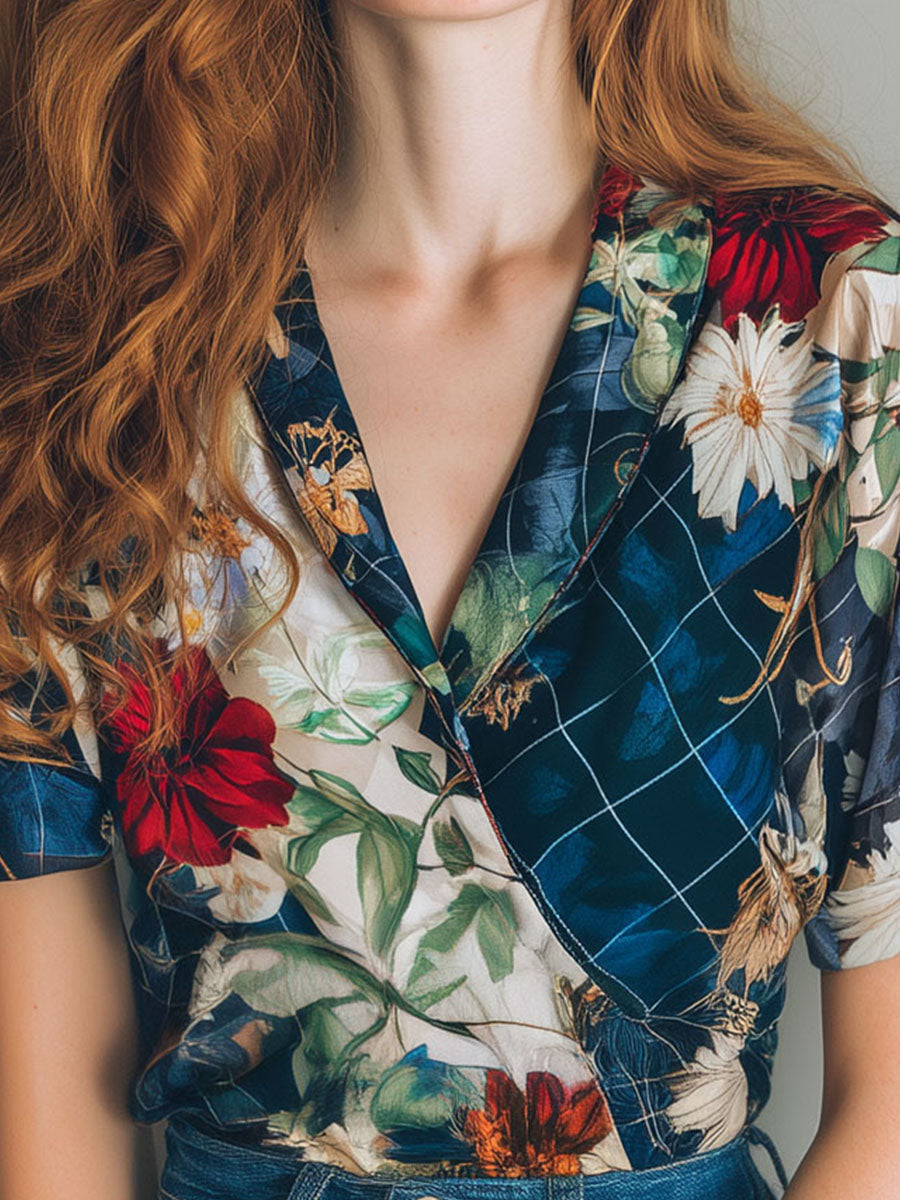 Vintage Floral & Check Mixed Print Short Sleeve Silky Shirt