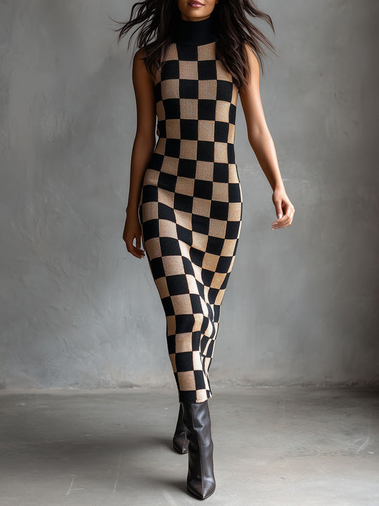 Classic Mock Neck Camel & Black Checkerboard Knit Midi Dress