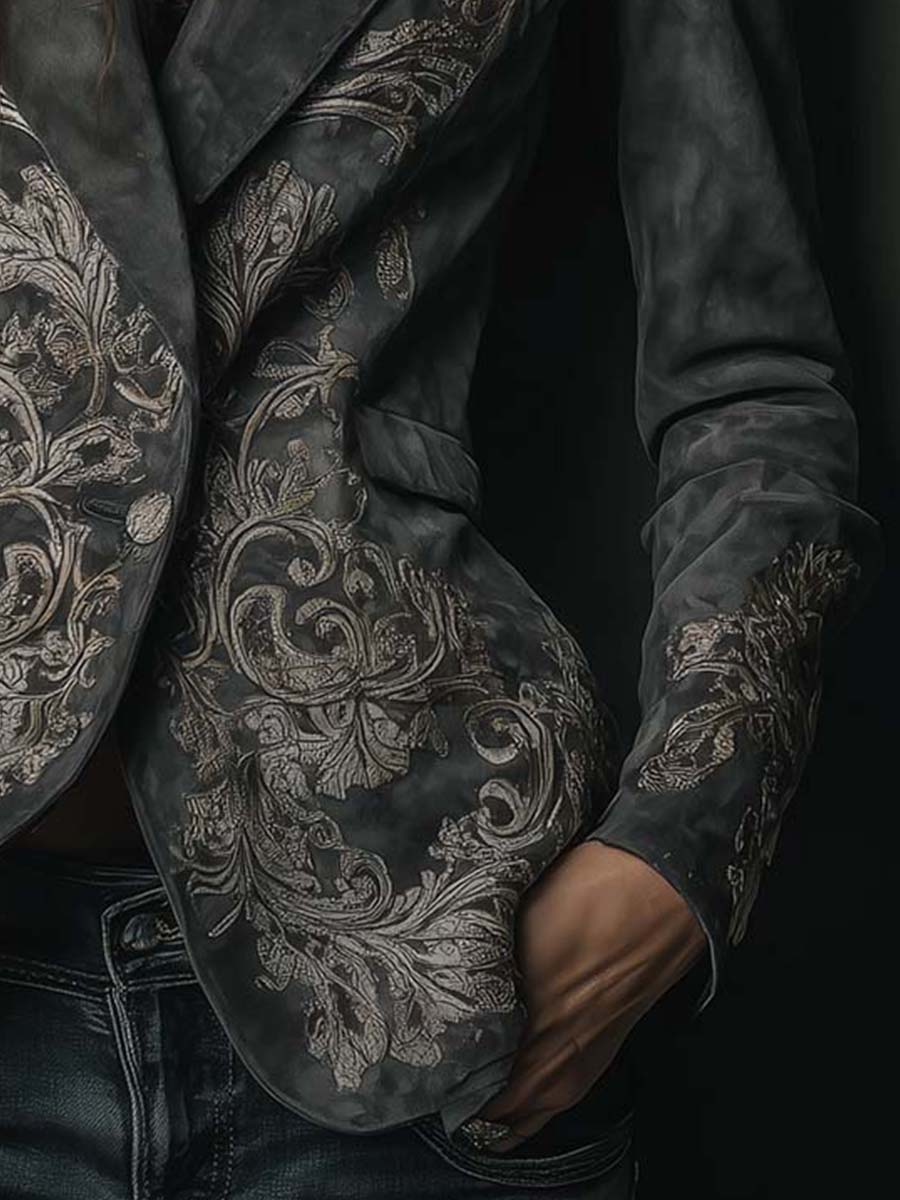 Embossed Floral Eco-Suede Blazer In Charcoal Taupe