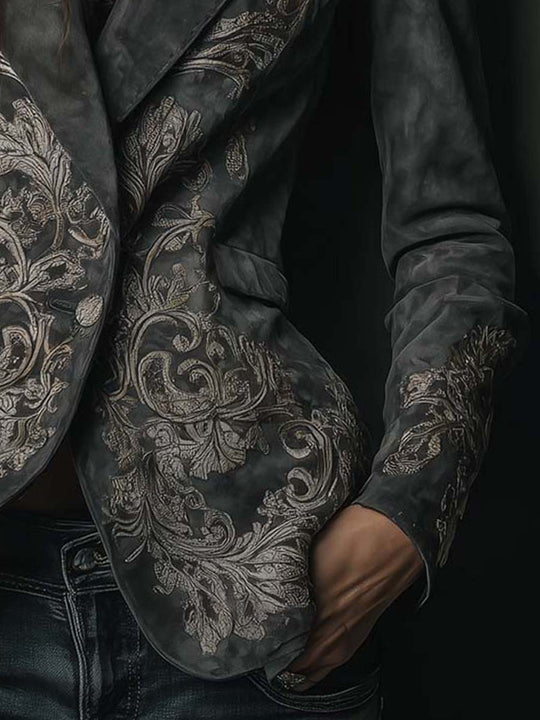 Embossed Floral Eco-Suede Blazer In Charcoal Taupe