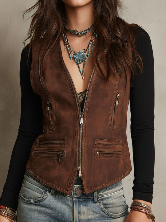 Vintage Western Brown Microsuede Zip Vest