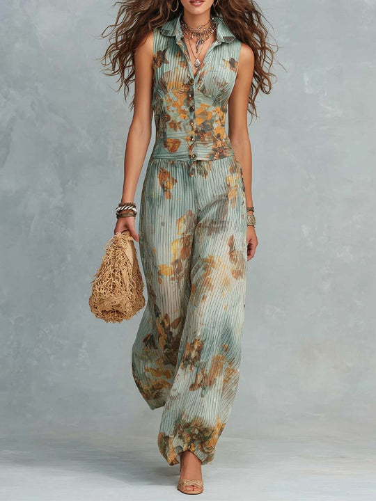 Boho Vintage Sage Floral Cotton-Linen Jumpsuit