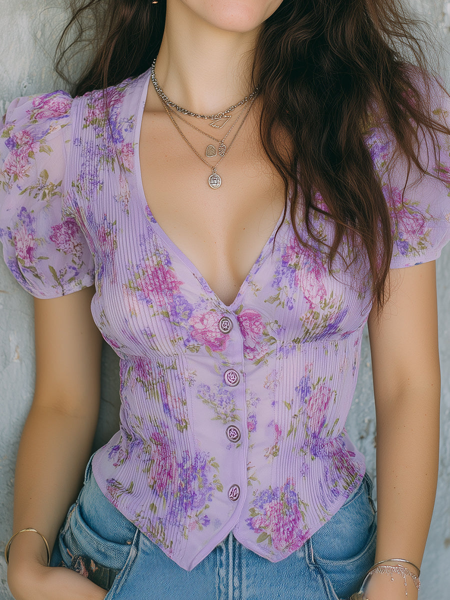 Vintage Pleated Chiffon Printed Blouse