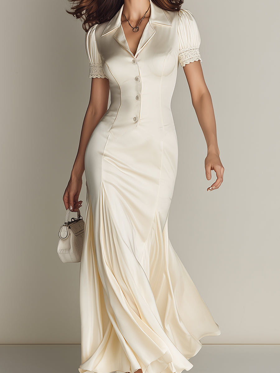 Elegant Color Lace Spliced mermaid Hem Maxi Dress