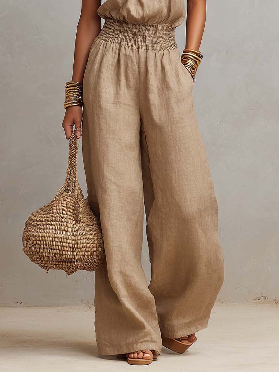 Tan Cotton Linen Halter Neck Smocked Waist Wide Leg Jumpsuit