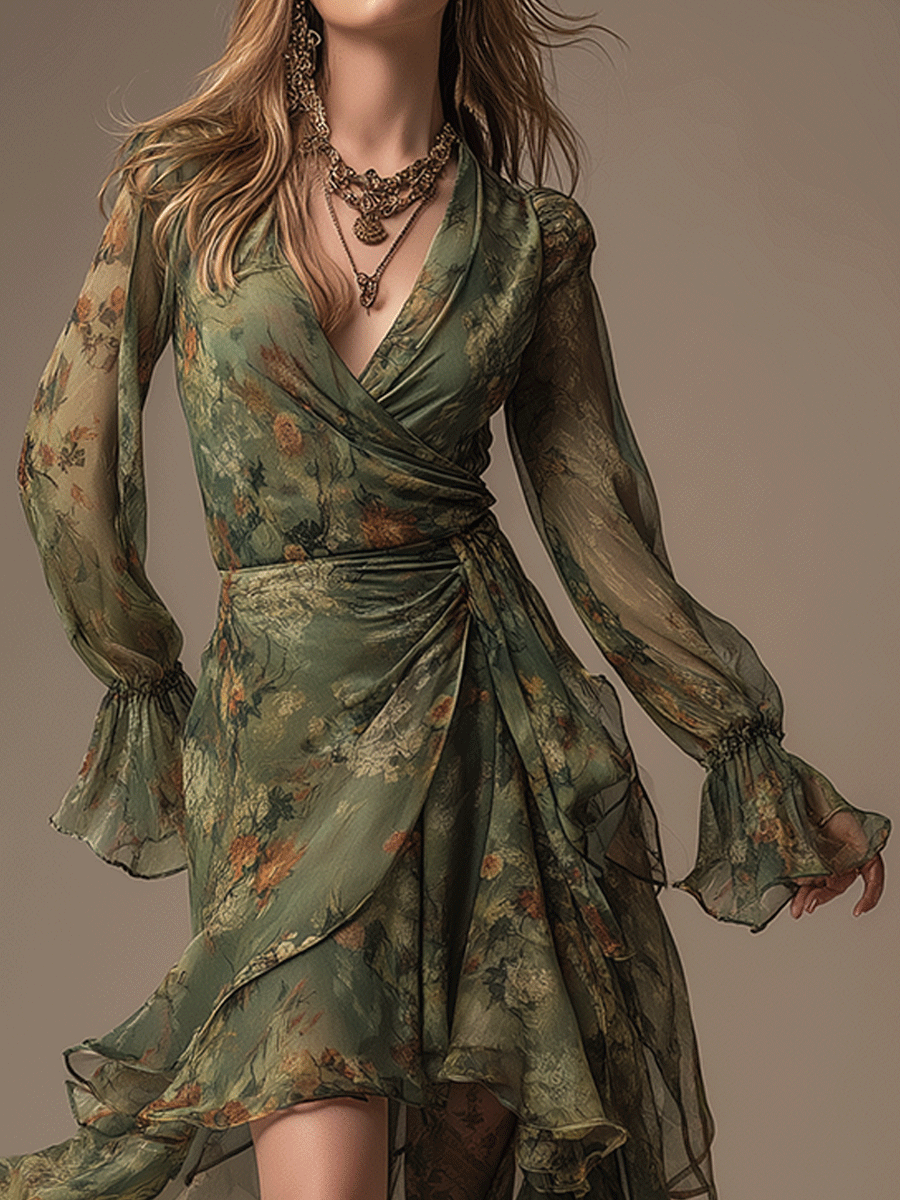 Vintage Boho Ruffled High-Low Midi Dress