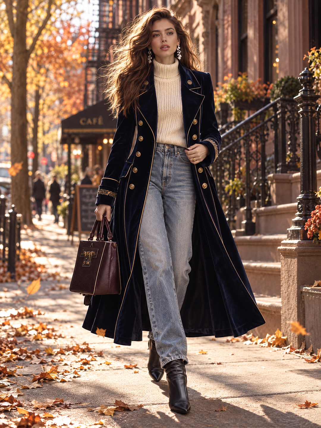 Navy Velvet Cuff Embroidery Double-Breasted Long Coat With Gold Piping