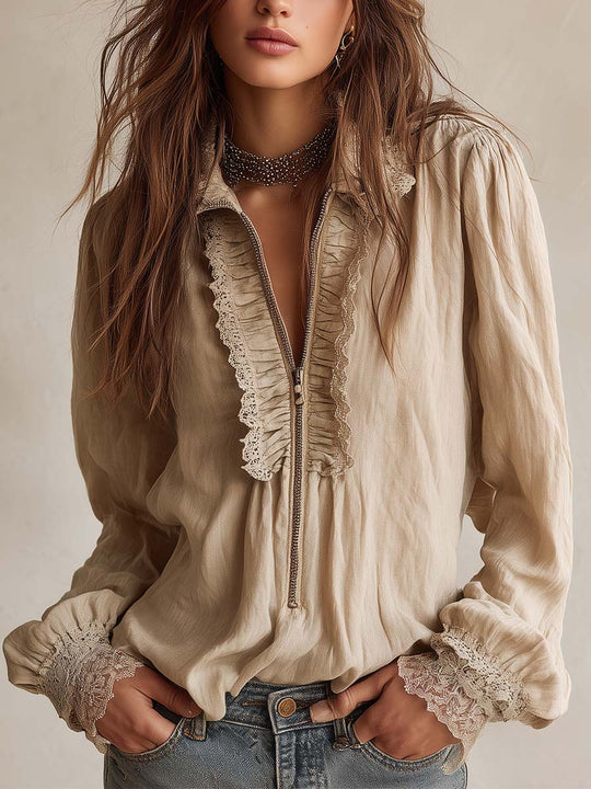 Victorian Ruffle Lace Zip Blouse