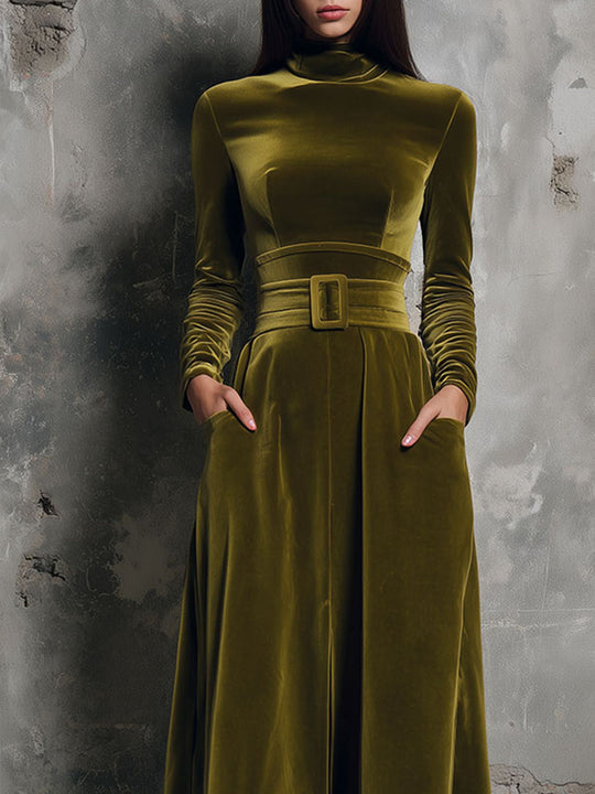 Vintage Allure Olive Velvet Belted Midi Dress With Pockets