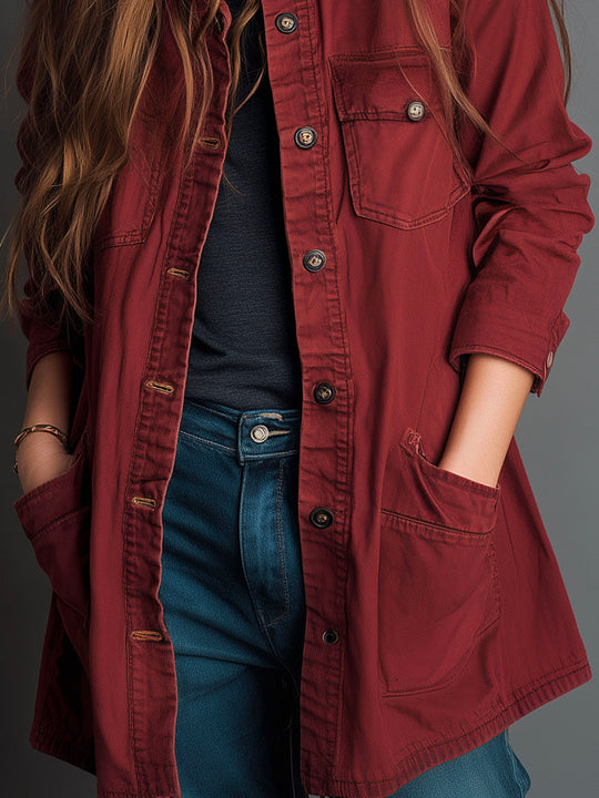 Rust Red Utility Longline Jacket With Pockets