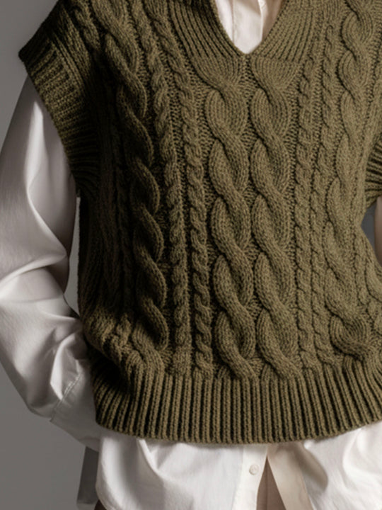 Stand V-neck Olive Green Cable Knit Sleeveless Sweater