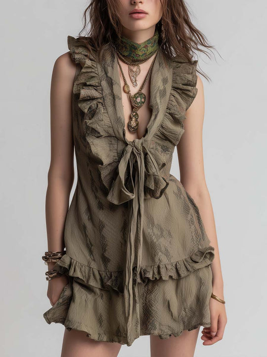 Cotton Snake-Print Ruffle Tie-Front Dress