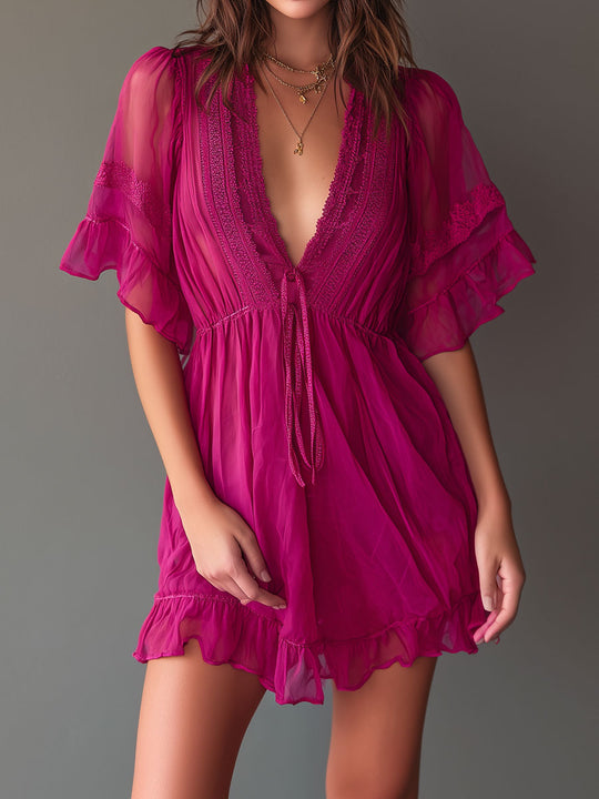Boho Lace Trim Tie Waist Fuchsia Sheer Chiffon Ruffle Mini Dress