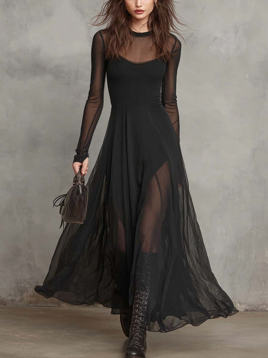 Retro Round Neck Sheer Fabric Maxi Dress