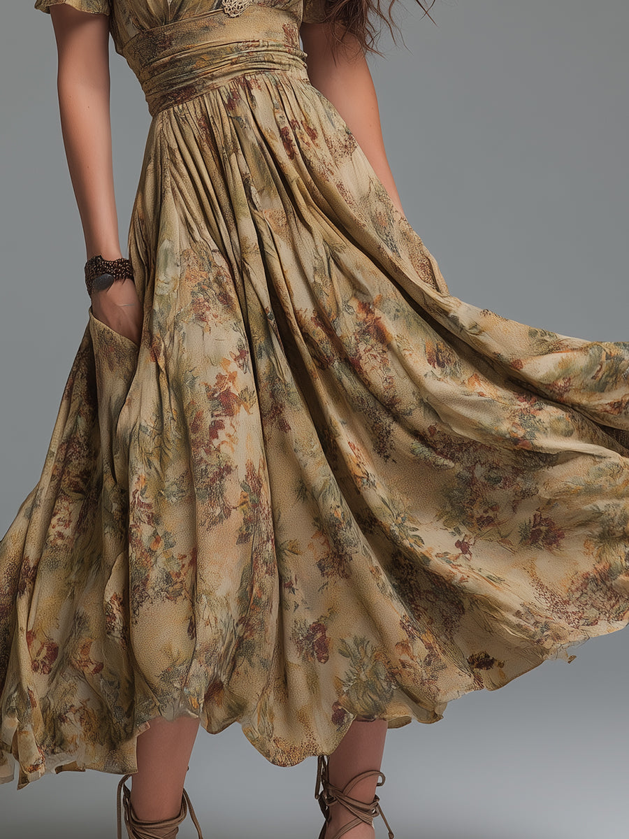 Vintage Oil Painting Print Short-sleeved Midi Dress With Lace Trim