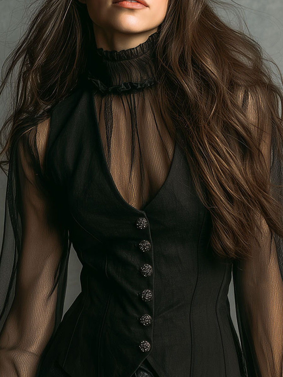 Retro Chic Black Sheer Mesh High Neck Blouse & Corset Vest Sets