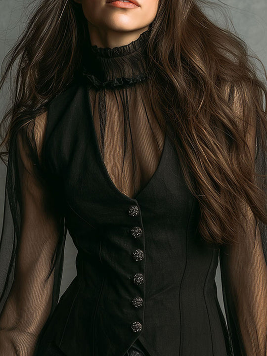 Retro Chic Black Sheer Mesh High Neck Blouse & Corset Vest Sets