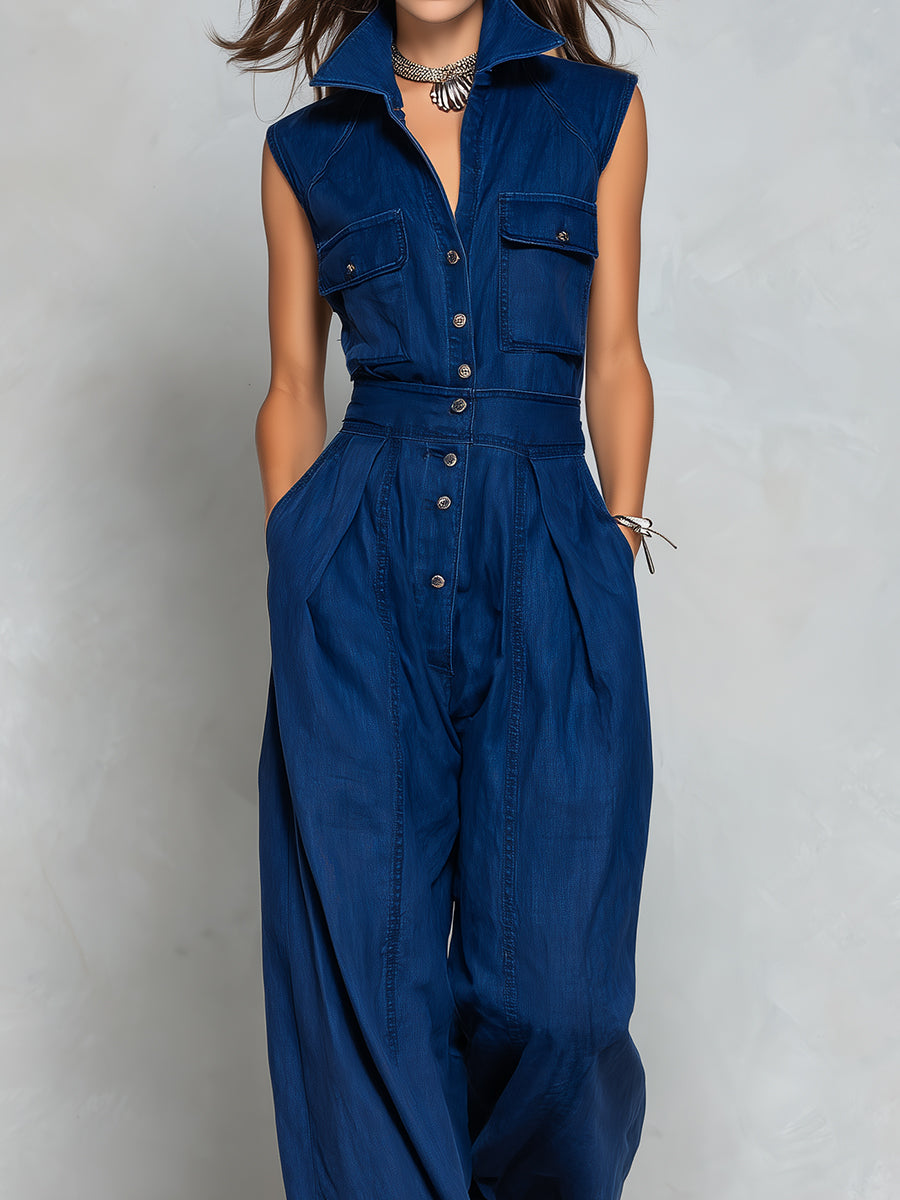 Washed Denim Chest Patch Pocket Wide Leg Jumpsuit