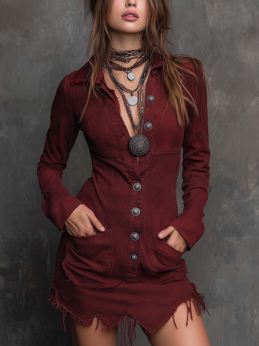 Washed Cotton Denim Frayed Hem Mini Dress