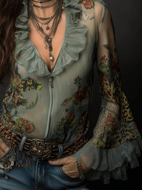 Bohemian Leopard Print Floral Print Chiffon Bell Sleeves Blouse