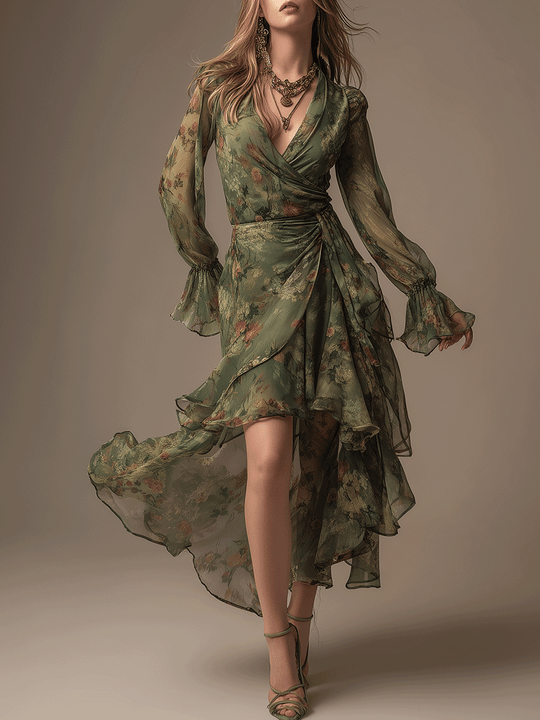 Vintage Boho Ruffled High-Low Midi Dress