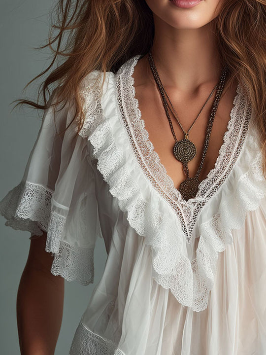 Boho Romantic White Sheer Lace Ruffle Blouse With Flutter Sleeve