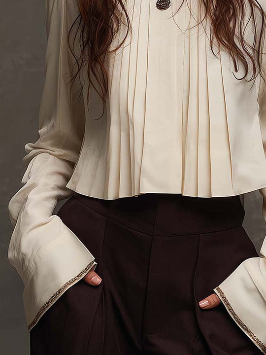 Pleated Front Blouse With Ribbon-Trimmed Collar And Cuffs